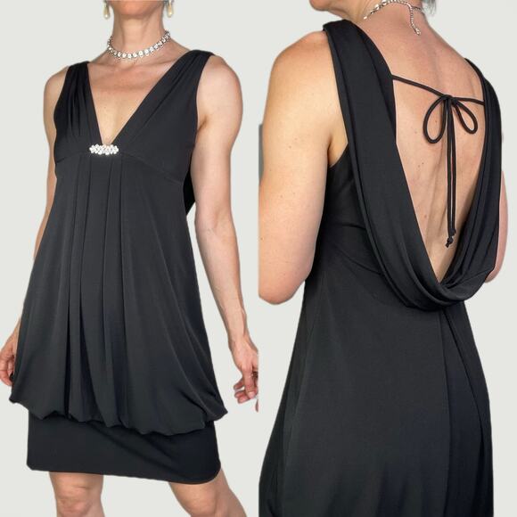 Cache open back rhinestone plunge mini dress formal cocktail bubble hem black 6 - Picture 1 of 14